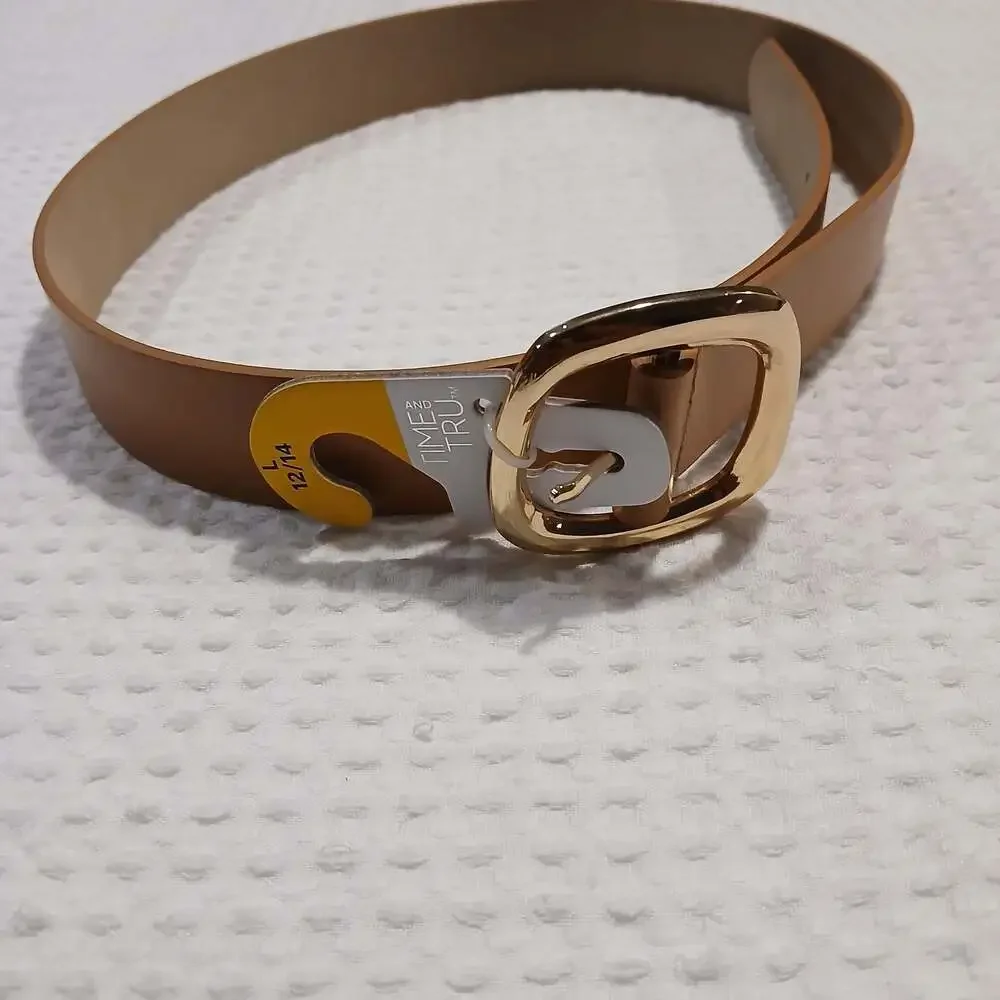 Time and Tru Tan Brown Women's Belt with Gold Tone Buckle Size L 12/14 New